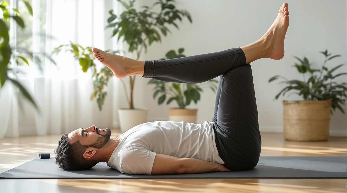 Mann führt Beinhebeübung der 5 Tibeter auf Yogamatte aus