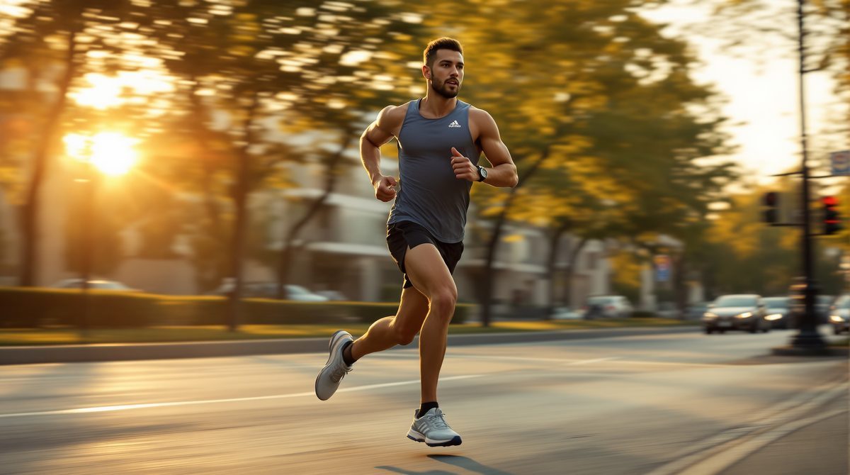 Läufer trägt leichte Adidas Laufschuhe beim Tempolauf auf der Straße