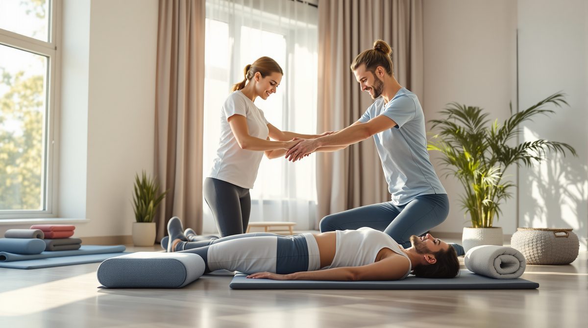 Bewegungstherapie als nicht-medikamentöser Ansatz bei Schmerzen – Physiotherapeutin begleitet Patient