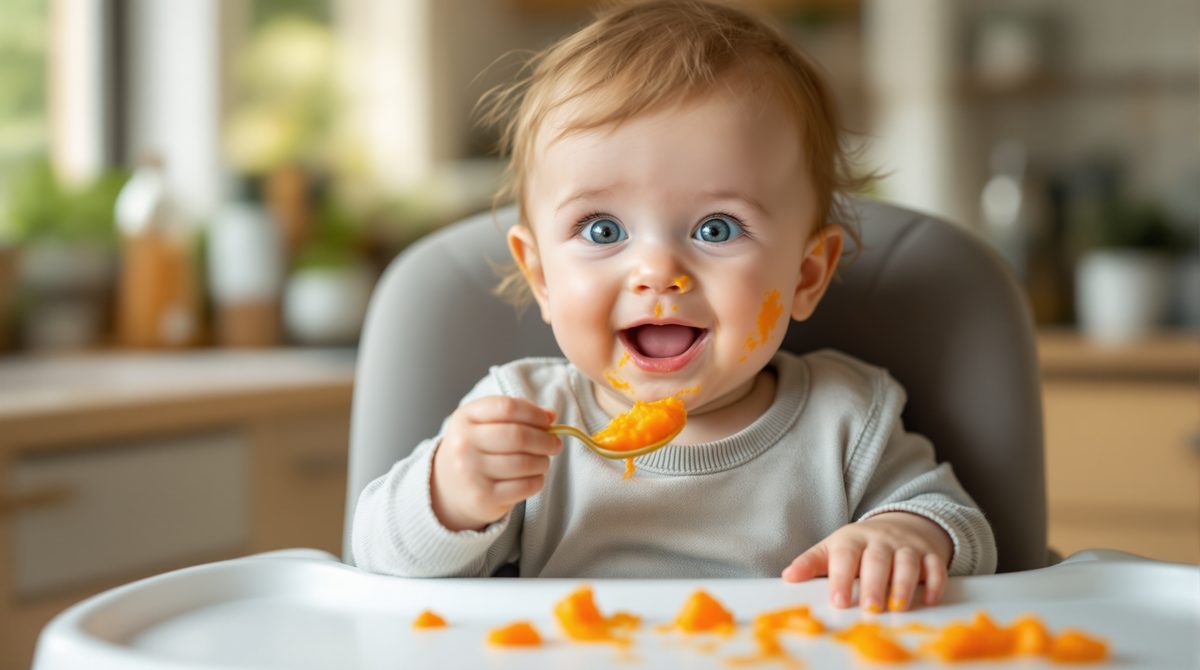 Baby im Hochstuhl beim Essen von Gemüsebrei — Beikostplan