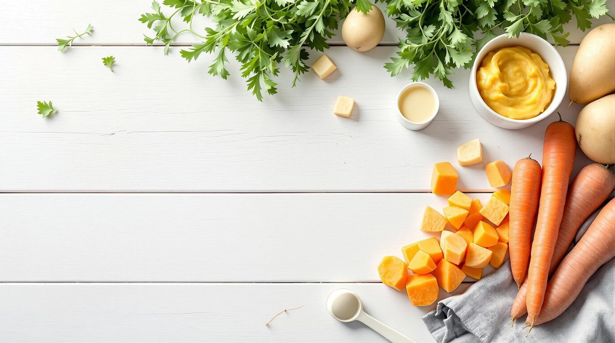 Frische Zutaten für Babybrei: Karotten, Kartoffeln und Pastinaken auf weißem Holztisch