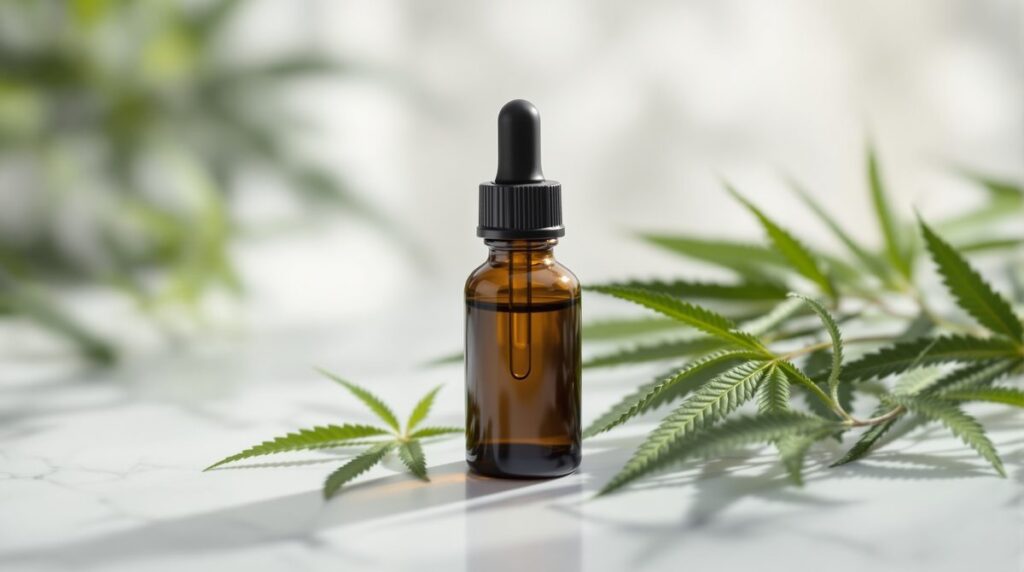 CBD-Öl in einer dunklen Glasflasche mit Hanfblättern – Cannabidiol Produkt
