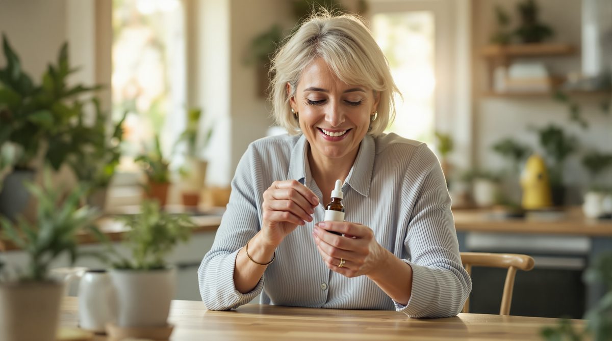 Frau liest Etikett auf CBD-Öl-Flasche – Cannabidiol Anwendung und Qualität