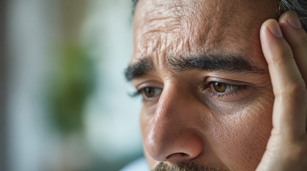 Person tastet nachdenklich den Kopf ab – mögliche Delle im Kopf
