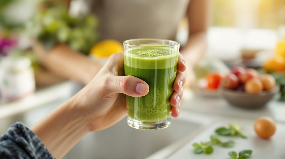 Grünes Nahrungsergänzungsmittel-Getränk mit frischen Zutaten – Fitline Ernährung
