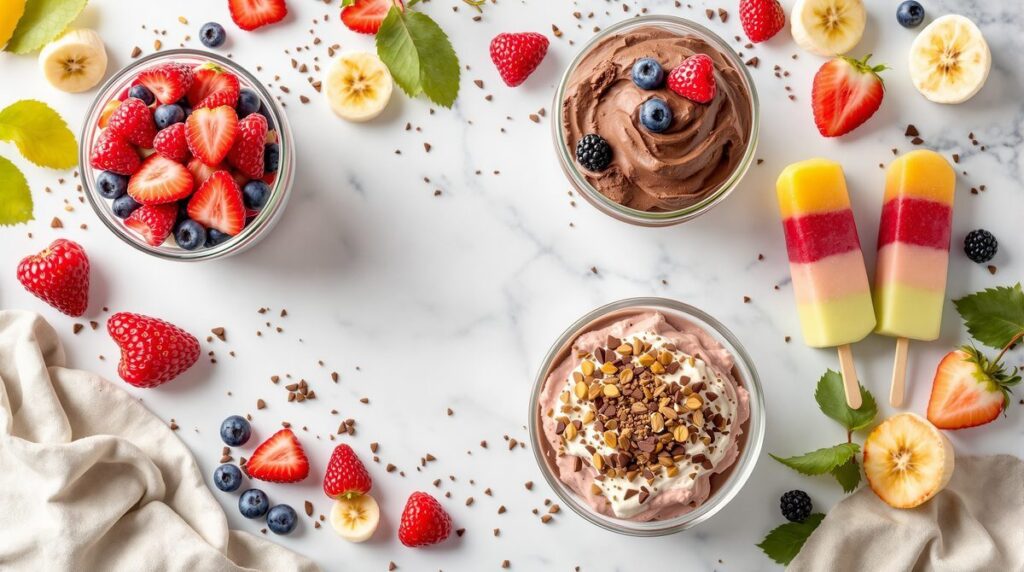 Gesunder Nachtisch – Auswahl an gesunden Desserts mit Beeren, Avocado-Pudding und Früchten