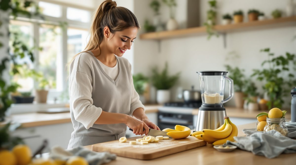 Frau bereitet gesunden Nachtisch mit gefrorenen Bananen für Nicecream zu