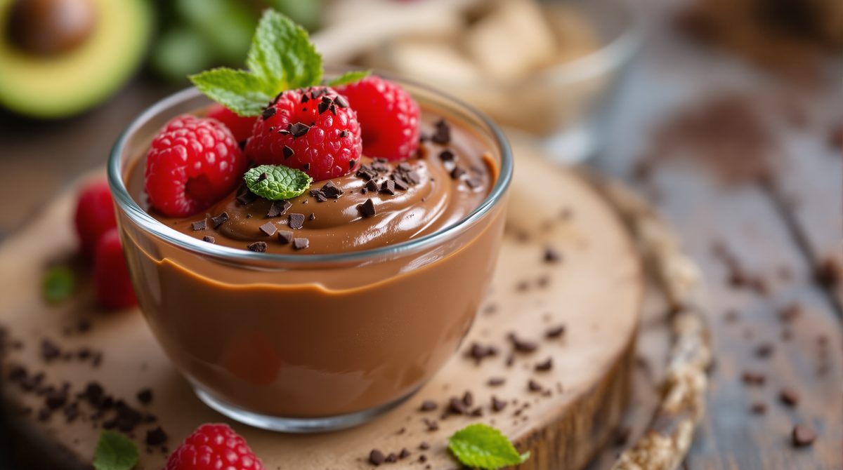 Avocado-Schokopudding mit frischen Himbeeren als gesunder Nachtisch