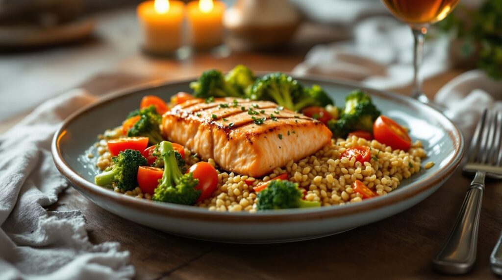 Gesundes Abendessen mit gegrilltem Lachs, Brokkoli und Quinoa auf einem Holztisch