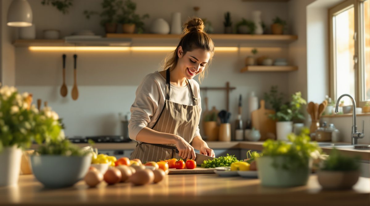 Frau bereitet ein gesundes Abendessen in einer modernen Küche zu