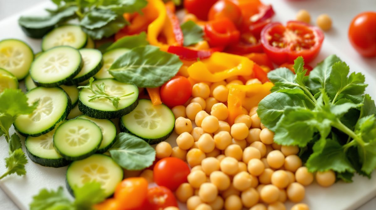 Frische bunte Gemüsezutaten für ein gesundes Abendessen auf einem Schneidebrett