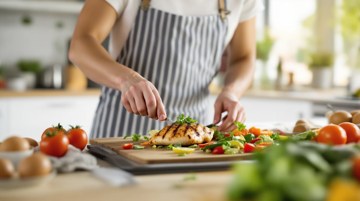 Person beim Meal-Prep mit halbem Hähnchen und Gemüse – proteinreiche Ernährung