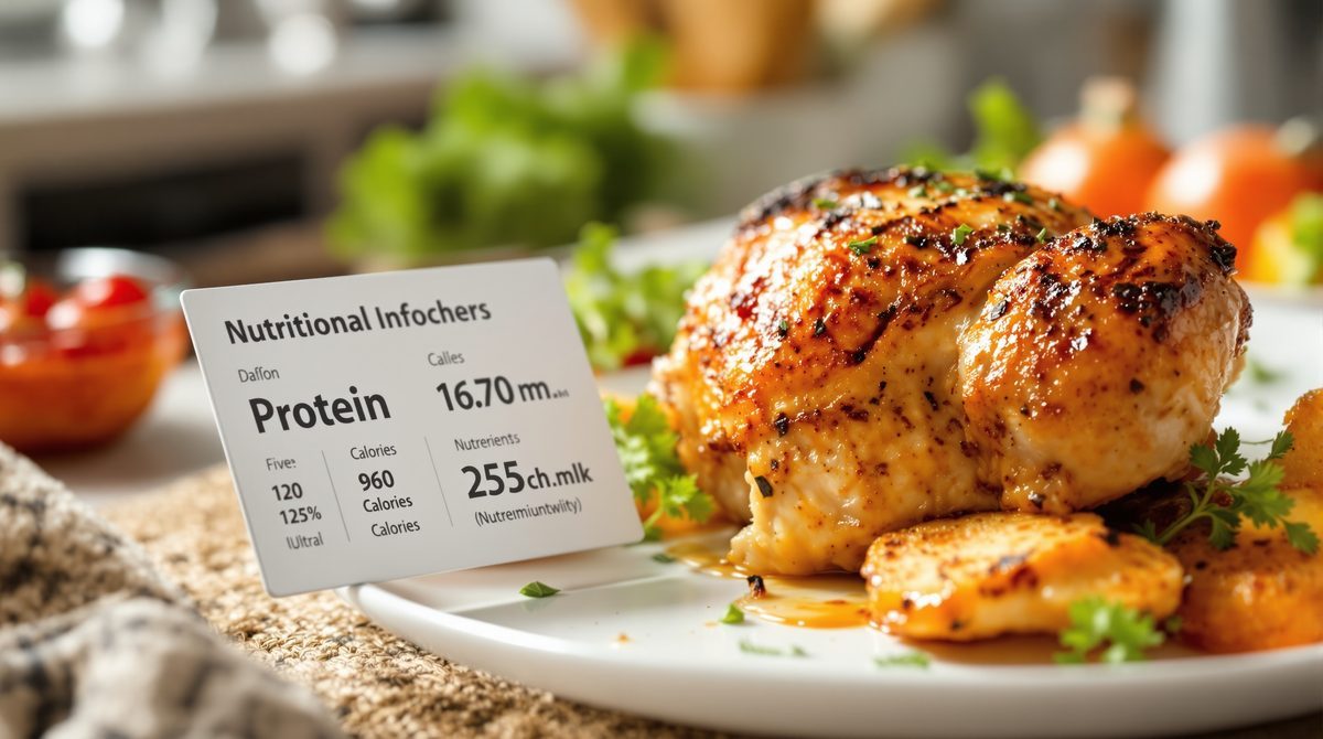 Halbes Hähnchen mit Nährwert-Übersicht zu Protein und Kalorien