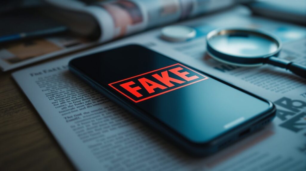 Symbolbild Fake News: Smartphone mit gefälschter Schlagzeile und FAKE-Stempel