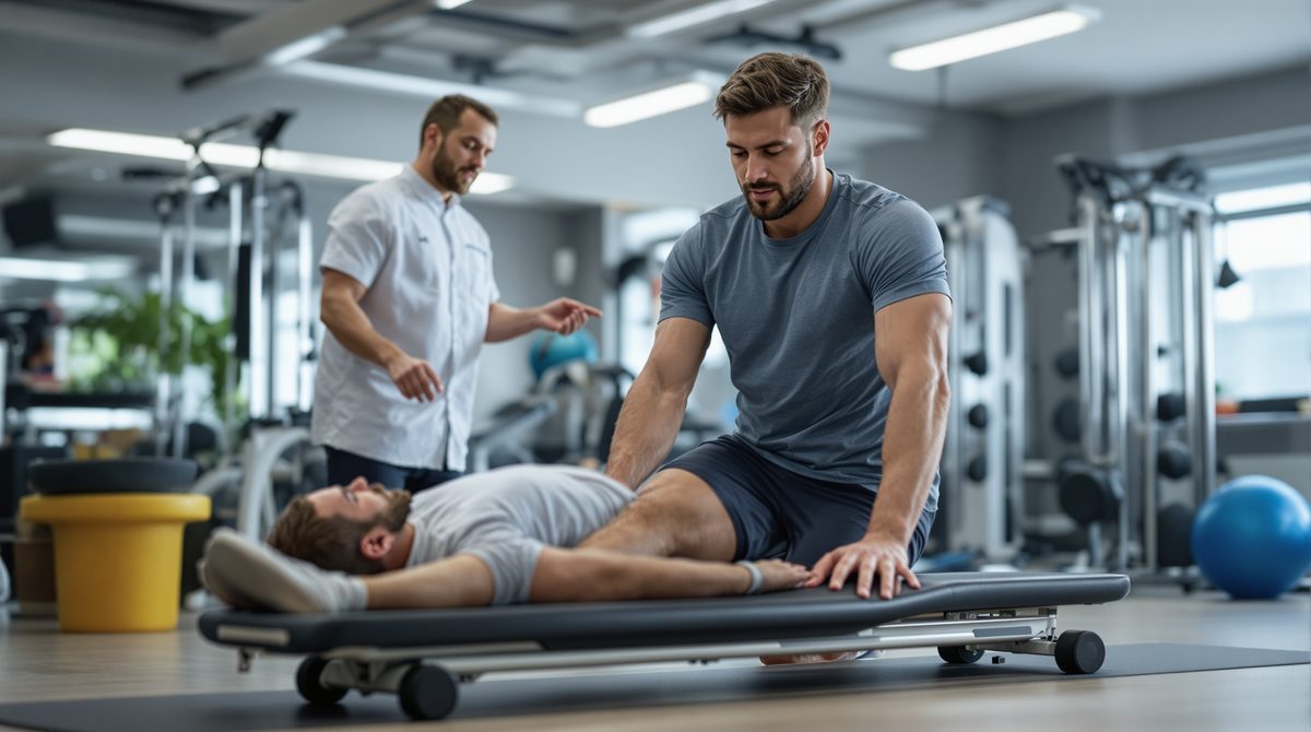 Fußballspieler beim Reha-Training auf Balance-Board mit Physiotherapeut