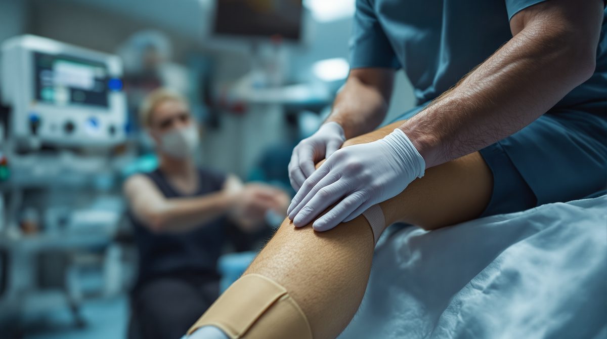 Physiotherapeut behandelt Knie eines Fußballspielers in einer Sportklinik