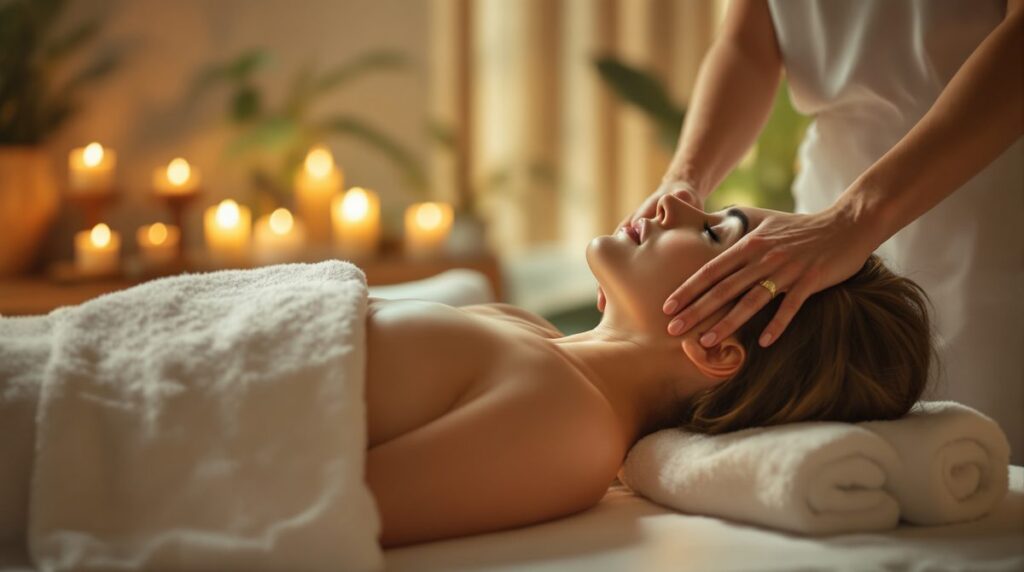 Person liegt auf Massageliege und erhält professionelle Nacken-Schulter-Massage im Spa