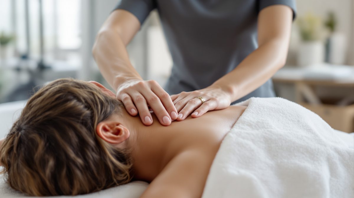 Massagetherapeut behandelt Nacken und oberen Rücken eines Patienten mit gezieltem Druck