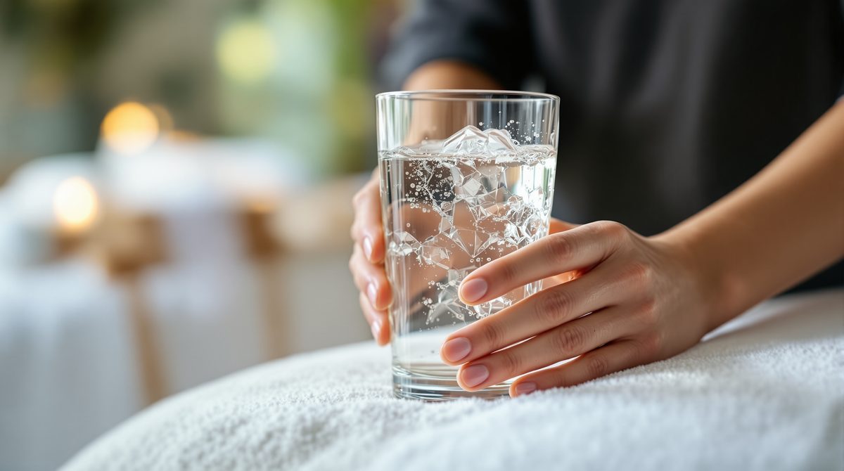 Person trinkt Glas Wasser nach einer Massage zur Vorbeugung von Kopfschmerzen