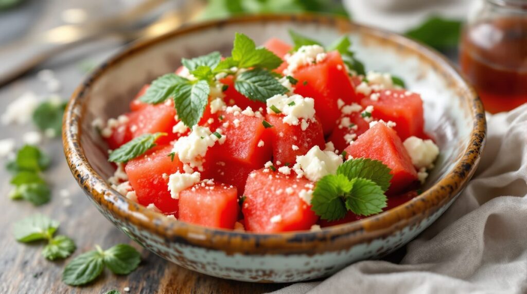 Melonen Feta Salat mit frischer Minze in einer rustikalen Keramikschüssel