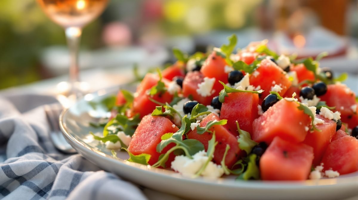 Melonen Feta Salat auf gedecktem Gartentisch mit Roséwein serviert