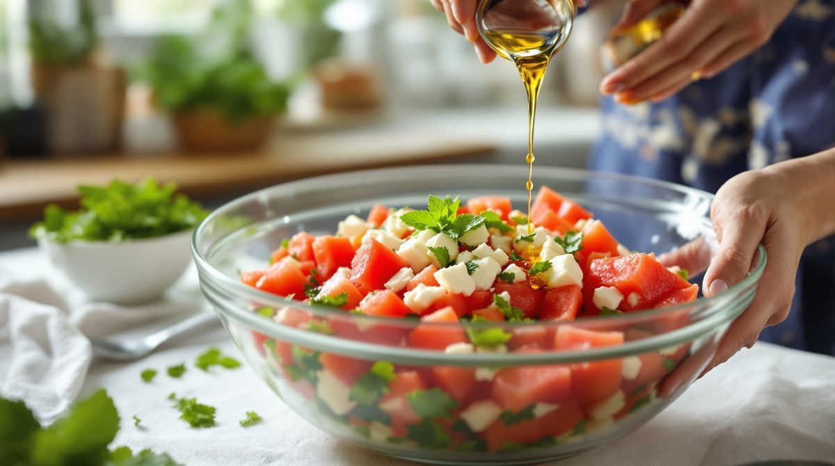 Zubereitung von Melonen Feta Salat — Dressing wird in Glasschüssel hinzugegeben