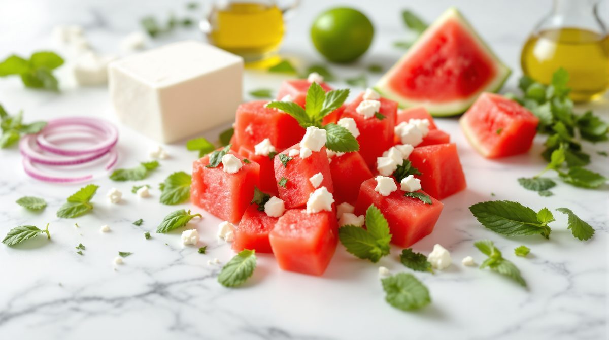 Frische Zutaten für Melonen Feta Salat auf Marmorplatte