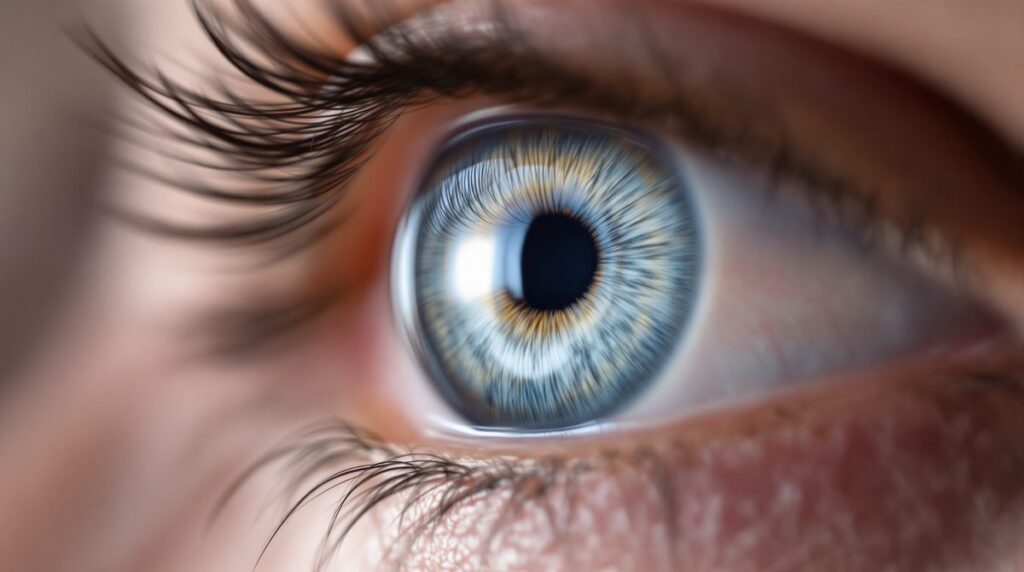 Nahaufnahme eines menschlichen Auges mit milchigem Rand um die Iris (Arcus corneae / Greisenbogen)