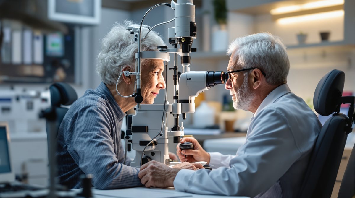 Augenarzt untersucht Patienten mit Spaltlampe auf Arcus corneae