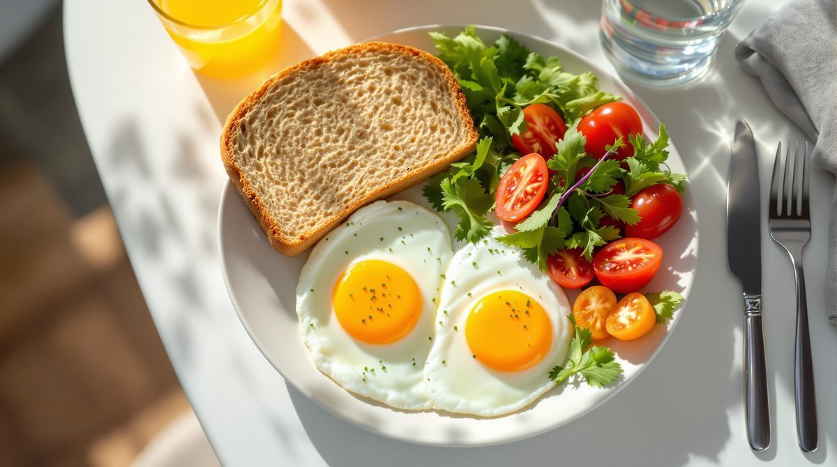 Gesundes Frühstück mit gekochten Eiern, Vollkornbrot und Gemüse auf einem modernen Küchentisch