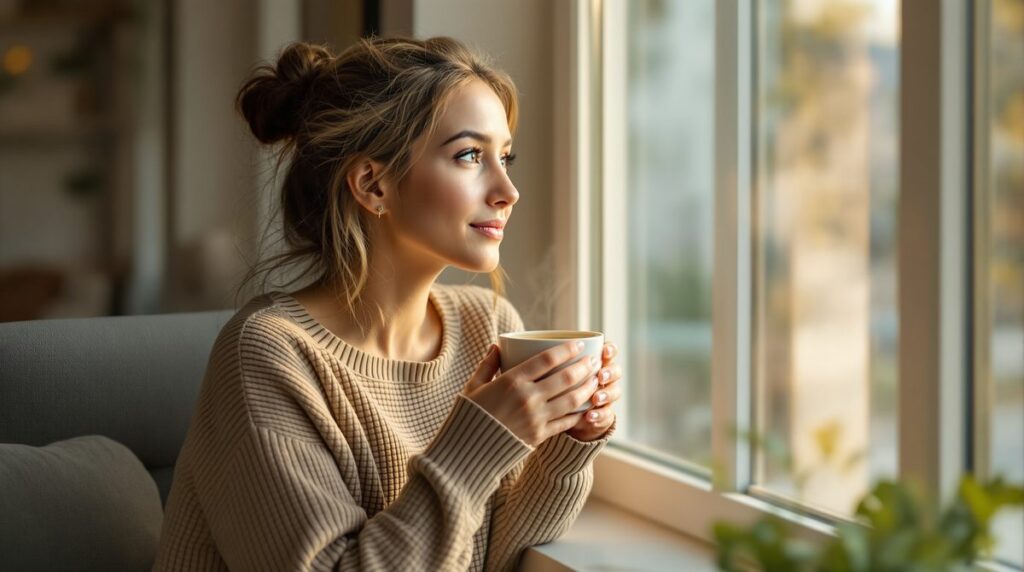 Frau am Fenster mit Kräutertee – Östrogendominanz und Hormongesundheit