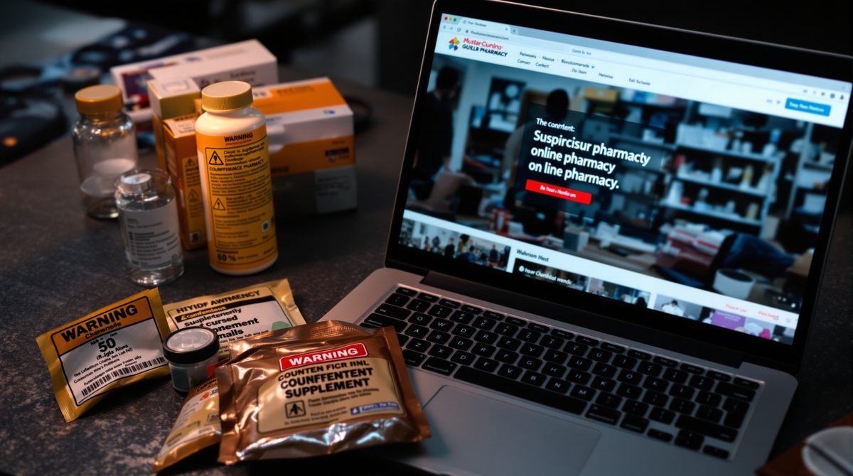 Laptop mit Online-Apotheke und gefälschten Potenzmitteln – Risiken beim Internet-Kauf