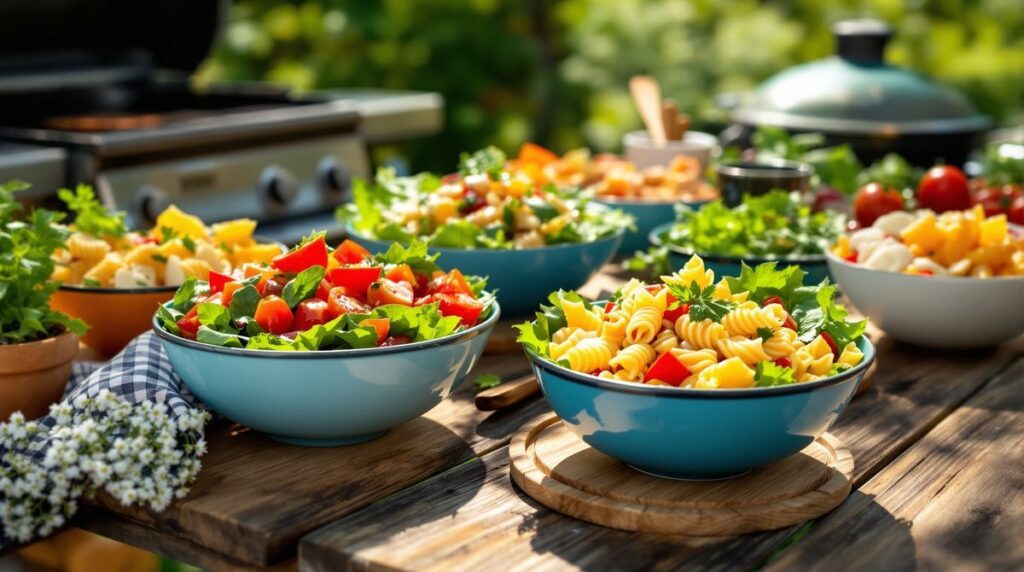 Verschiedene bunte Salate zum Grillen auf einem Holztisch im Garten neben dem Grill