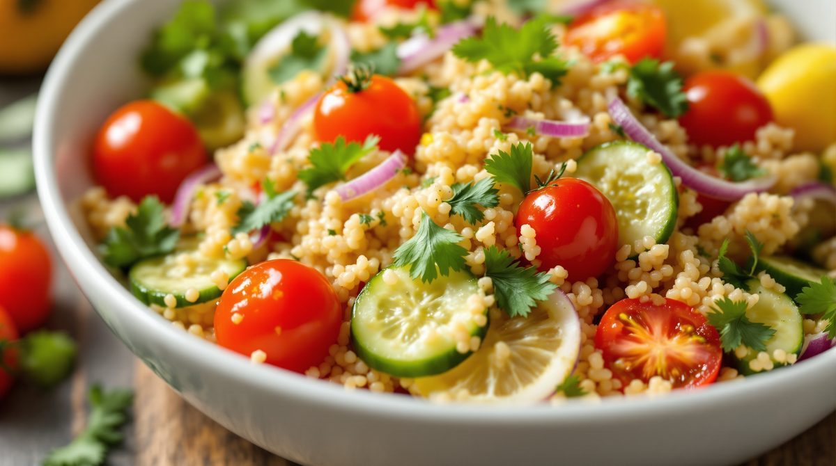 Bulgursalat mit Kirschtomaten, Gurke und Petersilie als Beilage zum Grillen