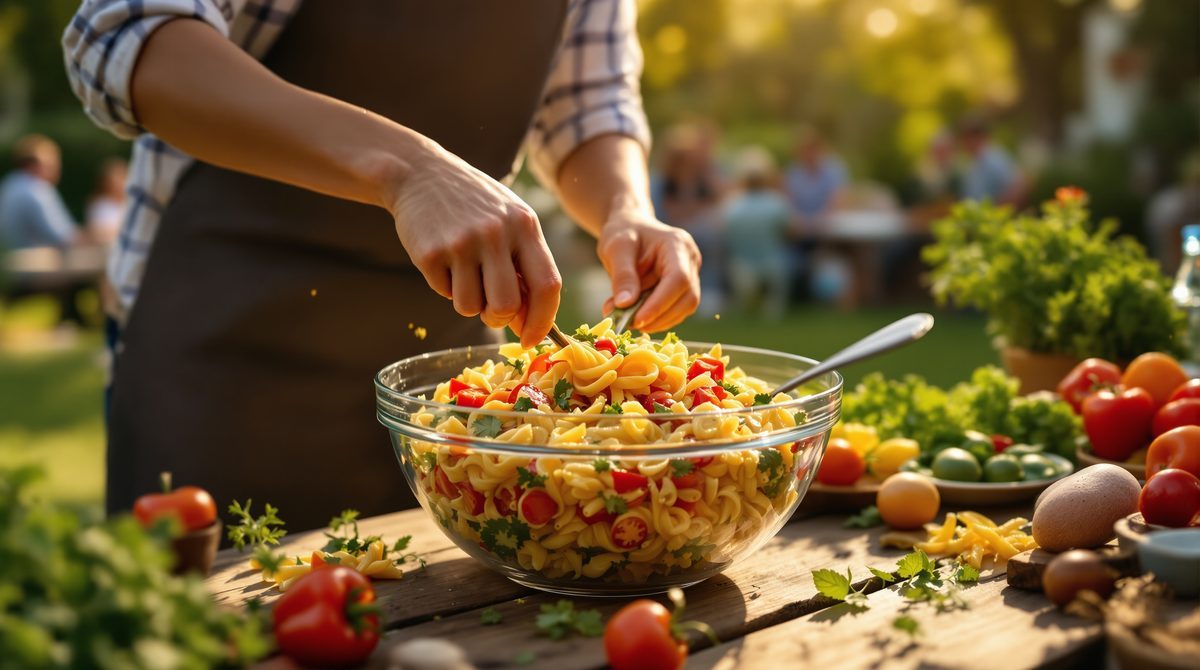 Person richtet bunten Nudelsalat für eine Grillfeier in einer großen Glasschüssel an