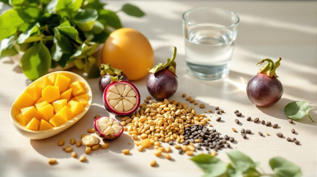 Mangostan-Frucht und pflanzliche Extrakte als Symbolbild zu Slimymed