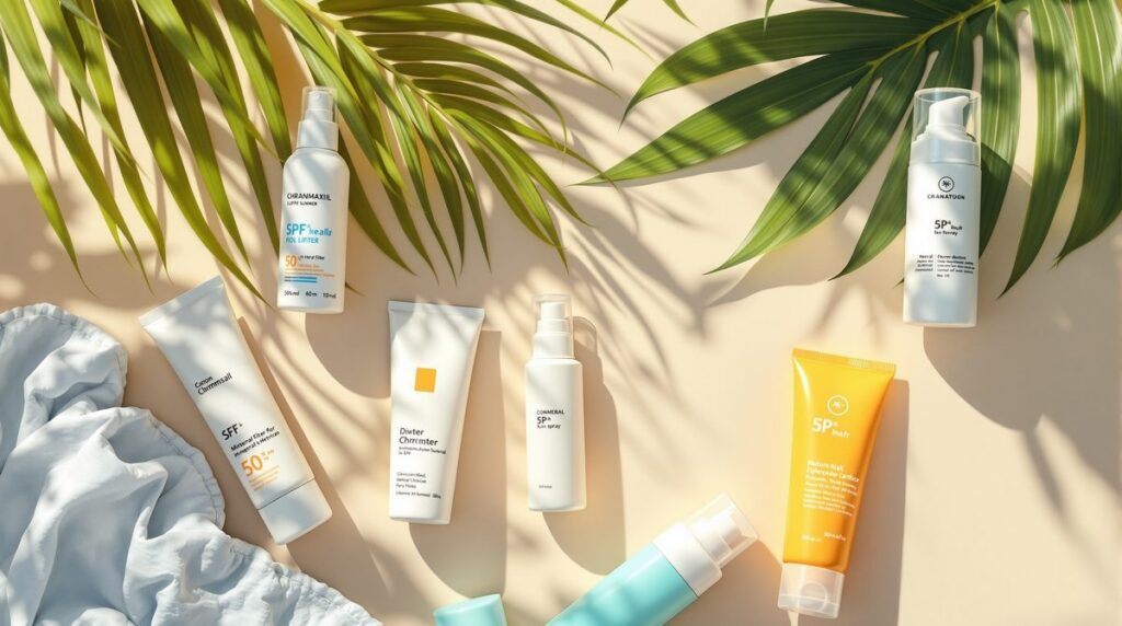 Verschiedene Sonnencreme-Produkte im Überblick – Flaschen, Tuben und Sprays mit unterschiedlichen Lichtschutzfaktoren