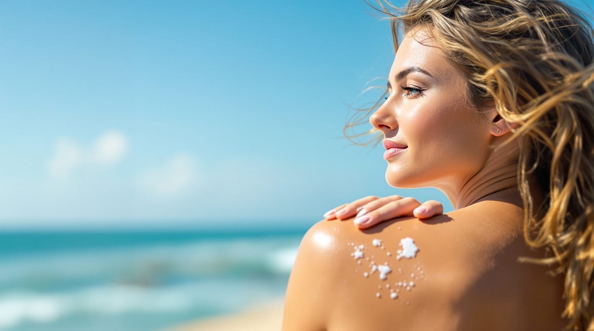 Frau trägt Sonnencreme am Strand auf, sonniger Sommertag