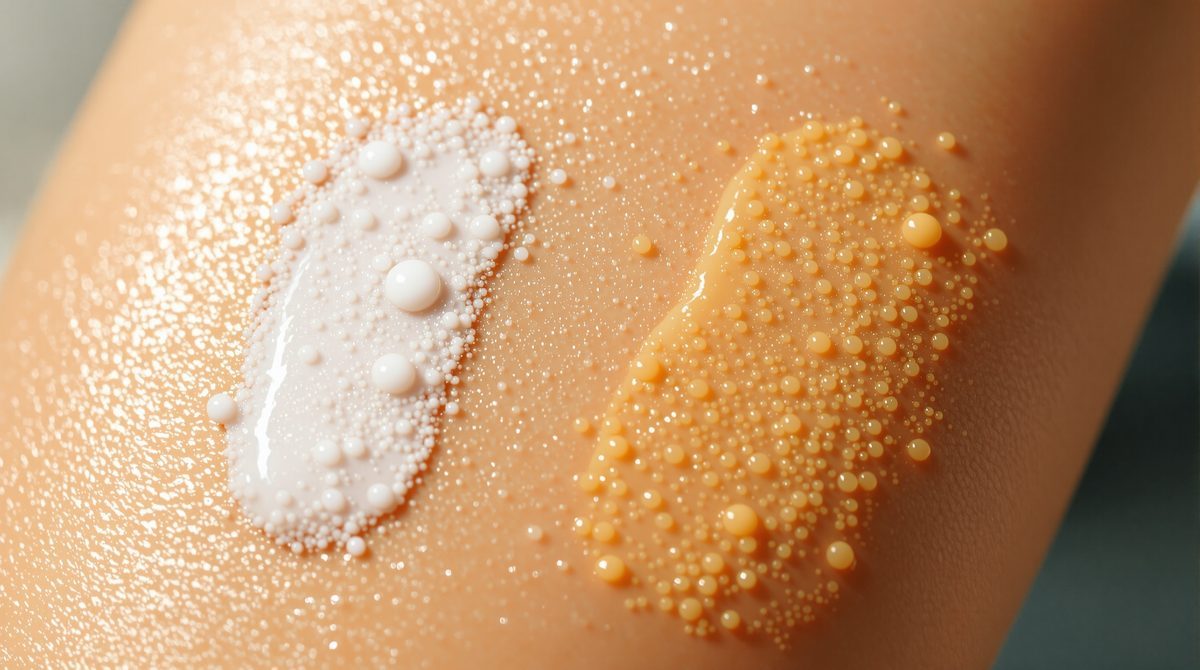Nahaufnahme mineralischer und chemischer Sonnencreme auf der Haut im Vergleich