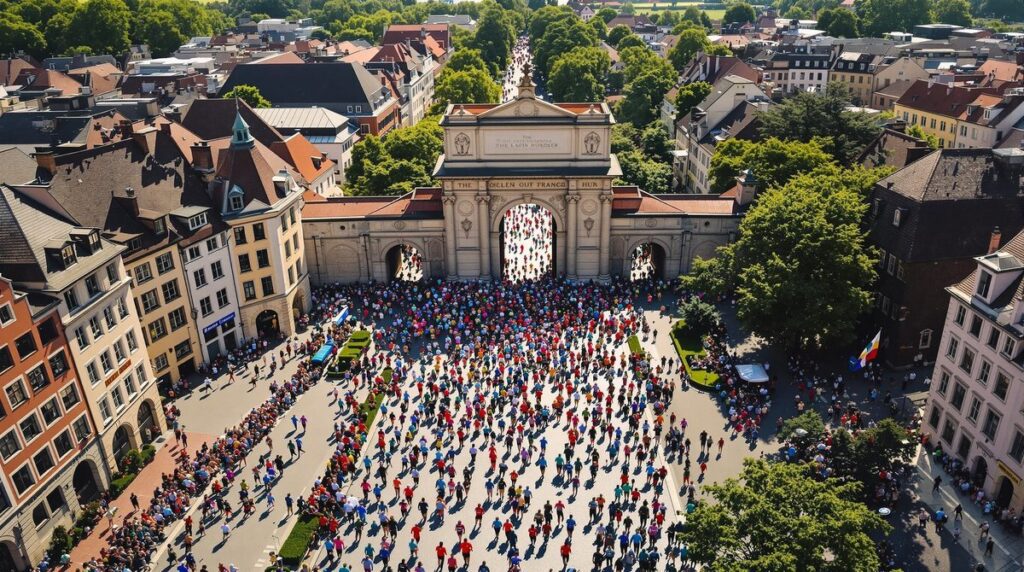 Läufer beim Internationalen Trierer Stadtlauf passieren die historische Porta Nigra