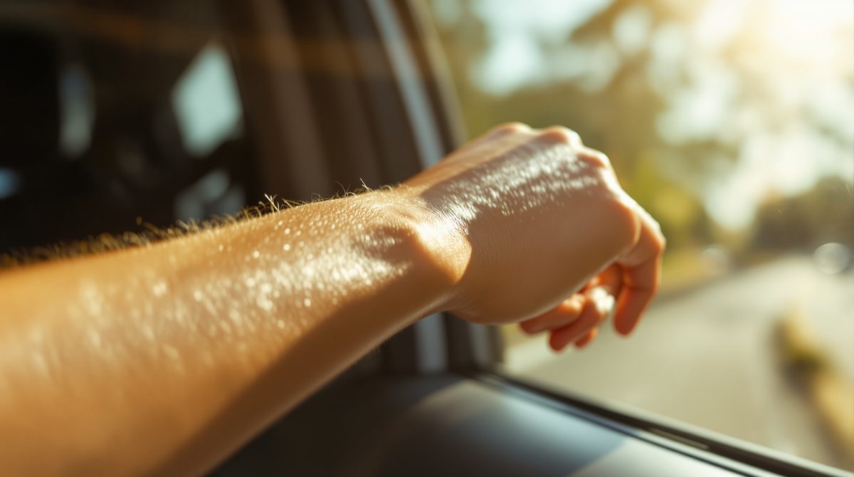 Arm am Autofenster mit Sonnenstrahlen – UVA-Strahlung durch Seitenscheiben im Auto