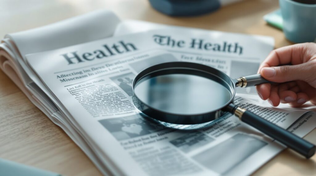 Symbolbild: Lupe ueber unscharfen Schlagzeilen – Gesundheits-Fake-News pruefen