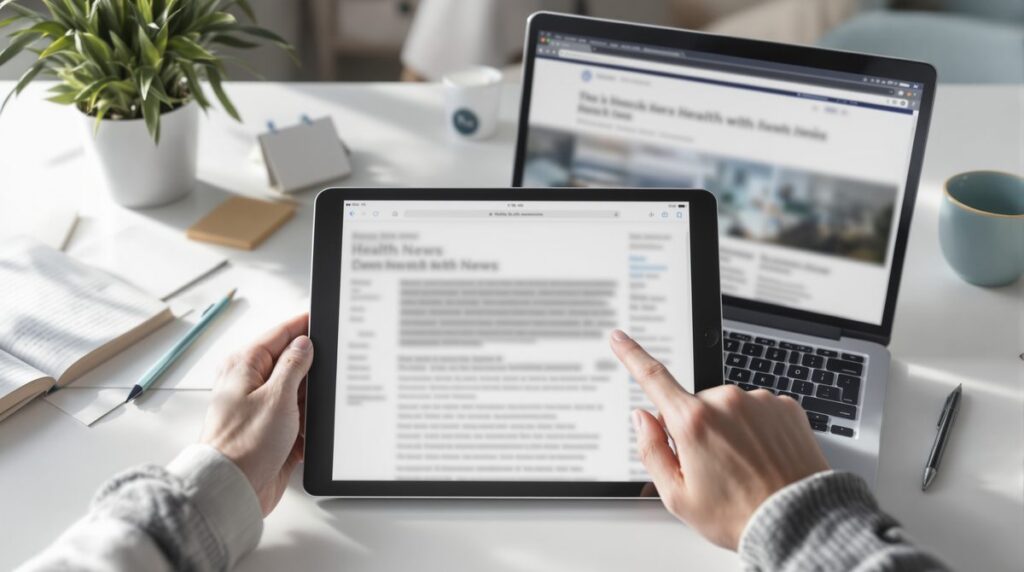 Symbolbild: Nachrichten-Feed am Bildschirm pruefen – Gesundheits-Fake-News erkennen