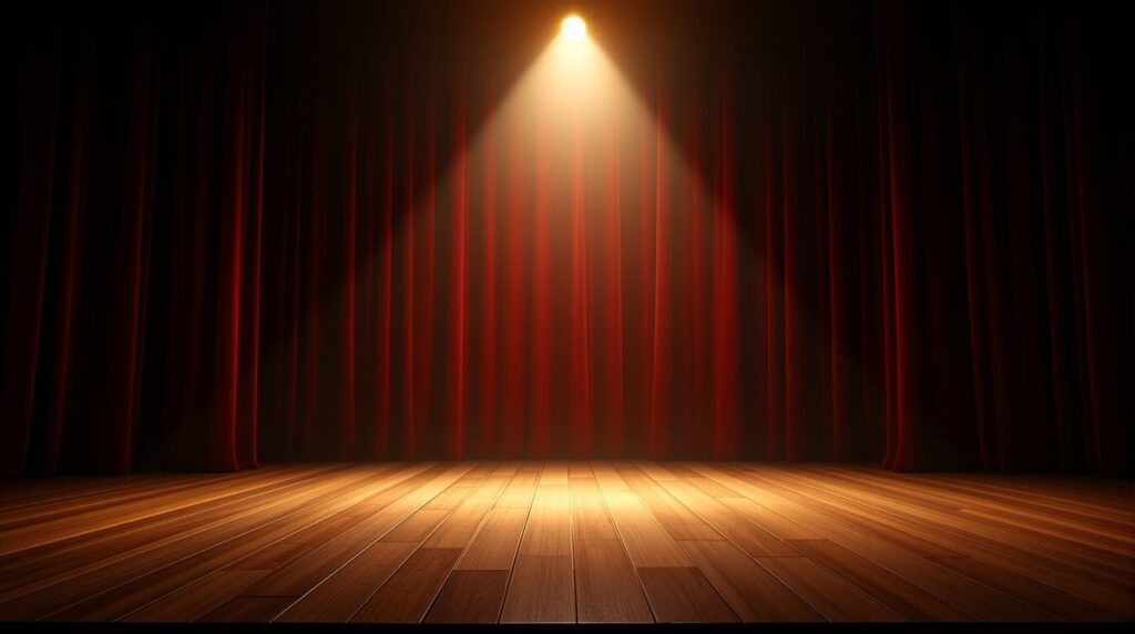 Symbolbild: leere Buehne mit einzelnem Spotlight – Abschied von einem Entertainer
