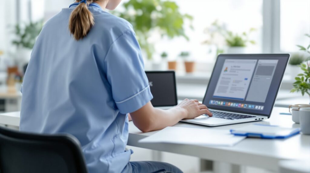 Pflegekraft arbeitet am Schreibtisch eines Pflegedienstes mit Laptop und Tablet