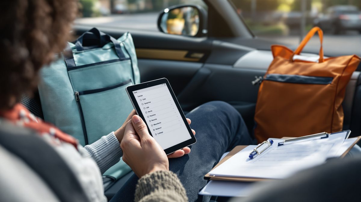 Tablet und Pflegetasche im Auto eines ambulanten Pflegedienstes