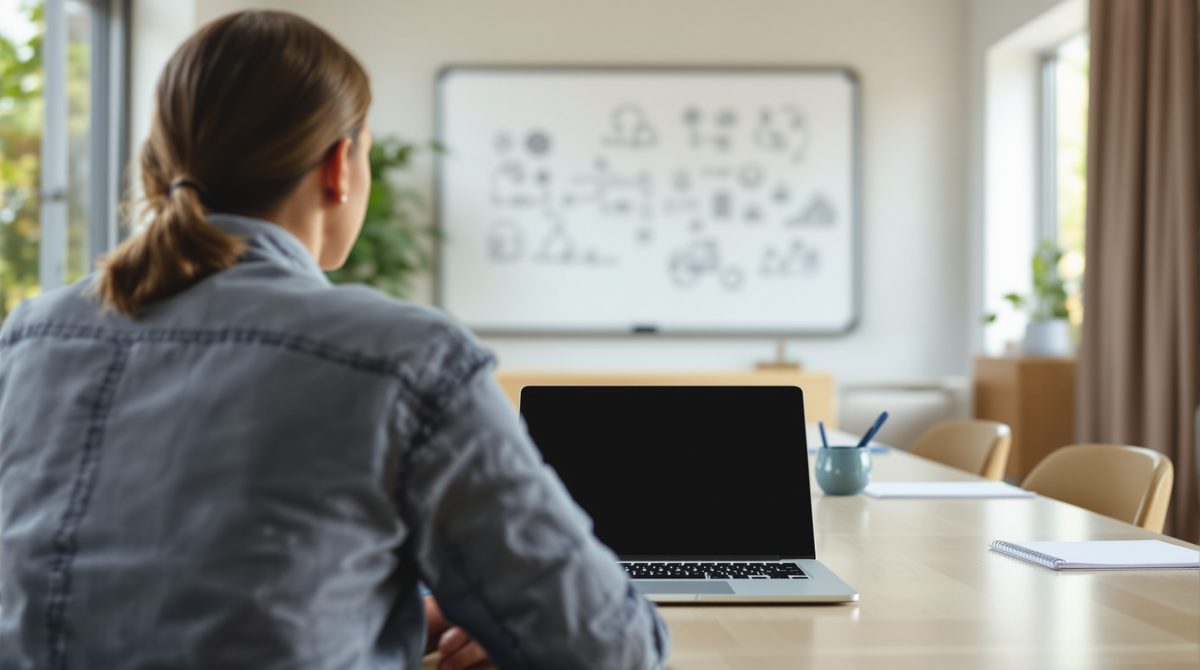 Besprechungsraum eines Pflegedienstes mit Laptop und Notizblöcken auf dem Tisch
